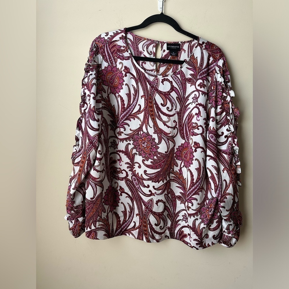 Liz Claiborne Career Women's Paisley Floral Tunic Top Blouse Ruffle Long Sleeve